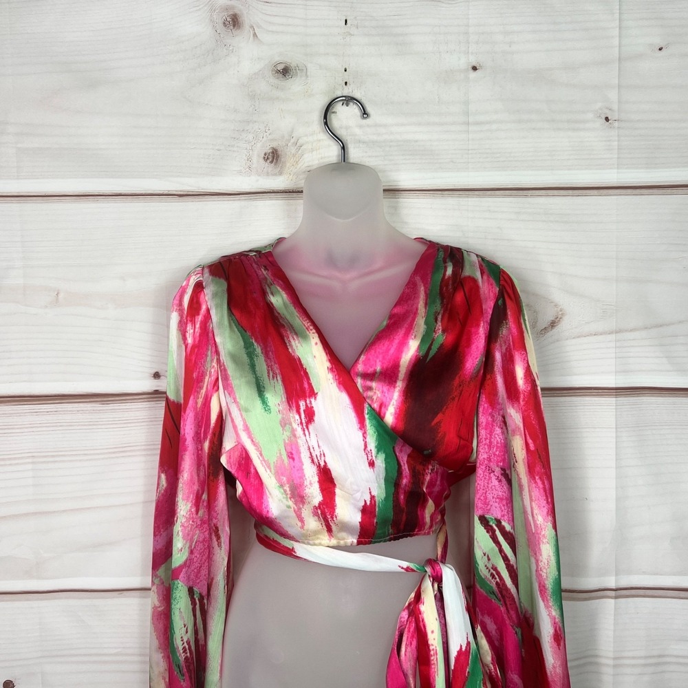 Akira Top Womens Small Multicolor Satin Wrap Blouse Cropped Balloon Sleeve Lined